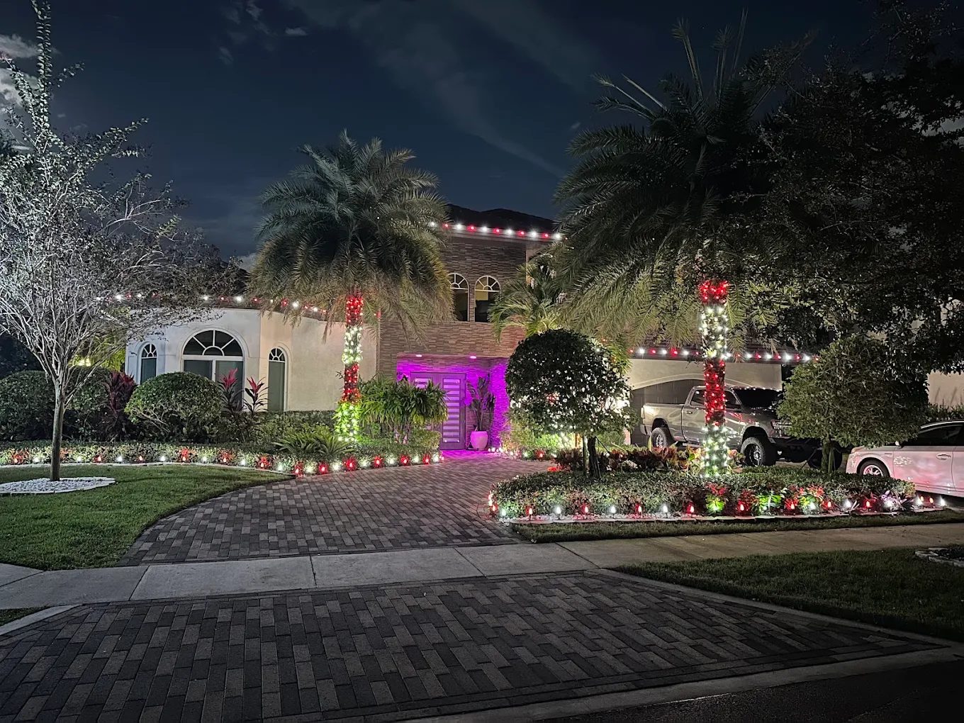 Estate with wrapped palms and warm white holiday lighting